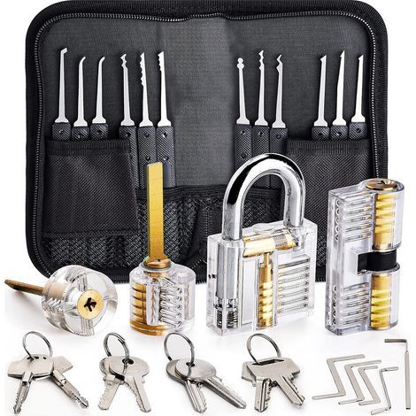 Lock Picking Kit, 26-Piece Lock Picking Kit, Training Tools with 4 Transparent Locks for Beginner and Pro Locksmiths (Transparent) (1/5)