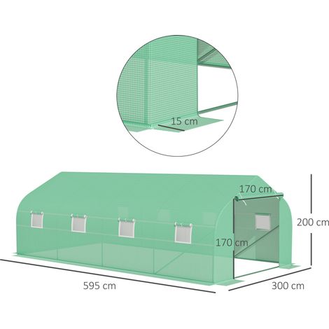 Tunnelgewächshaus (6 x 3 x 2 m) mit 8 Fenstern und Rolltor, inklusive 4 Heringen und 4 Seilen, aus Stahl und PP, grün