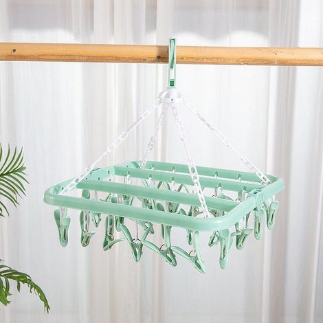 tendedero para calcetines, práctico tendedero plegable con 32 pinzas de plástico para calcetines y ropa interior, color verde. (1/4)