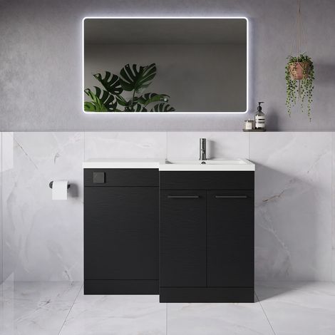 Napoli 390 Nero Oak 1100mm 2 Door Vanity Unit Toilet Suite with Square Right Hand Lucia Basin - 1100mm - Gunmetal Grey 160mm HandleWithout Kingston Toilet Pan
