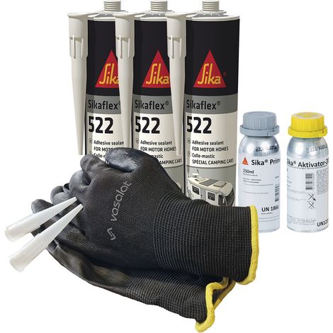 Sika Sikaflex 522 STP Kleber - Wohnwagen Dichtmasse mit Primer 210 + Aktivator 205 - ideal zum Abdichten von Buntmetallen, 3x 300ml weiß mit 5 Düsenspitzen + Aktivator und Primer (1/5)