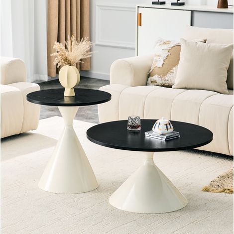 Set de 2 mesas de centro Ø70x40 y Ø50x50 cm negras de metal con diseño cónico apilable (1/5)