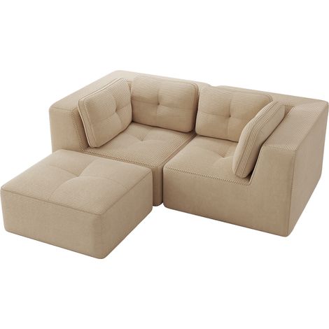Canapé d'angle modulaire L 2 places en tissu côtelé beige avec repose-pieds mobile (1/5)