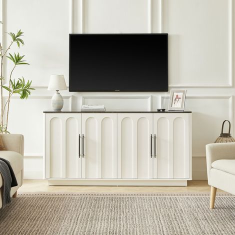 Sideboard mit 4 Türen mit Soft-Close und Kippsicherung, 160×40×80 cm, für Wohnzimmer und Esszimmer, MDF, Weiß und Schwarz (1/5)
