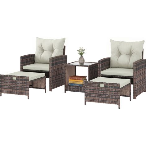 Ensemble rotin et acier 5 pièces 2 poufs 2 sièges table basse 2 niveaux marron crème 120x70x40 cm