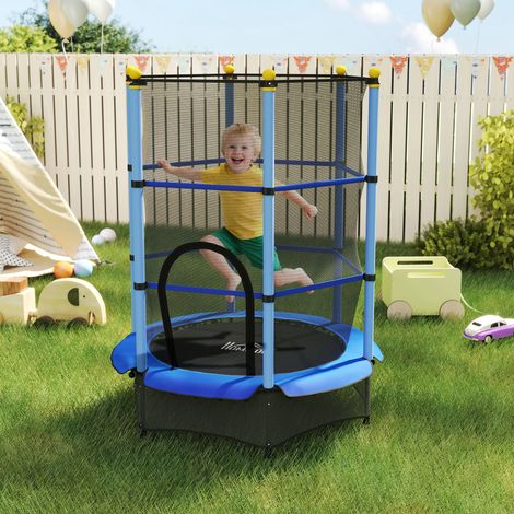 Trampoline Enfant Ø 1.40 × 1.90H m Filet de sécurité Porte zipée Couvre-Ressorts 6 poteaux rembourrés Inclus Bleu