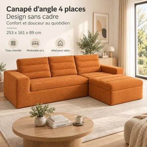Canapé d'angle 253x161x89cm tissu chenille orange - Canapé Modulable - 4 places, sans montage, mousse haute densité, ultra doux (1/5)