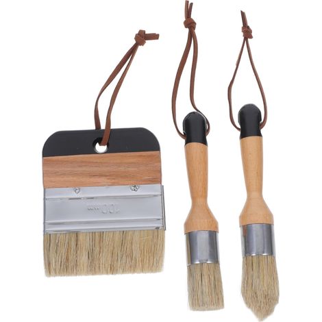 Ensemble 3 Pinceaux à Cire Et Peinture Poils De Sanglier Noirs, Tête Ronde Et Plate, Manche Bois, pour Bricolage Artistique Et Rénovation Maison, Usage Multifonction, Outils Peinture Solide (1/5)
