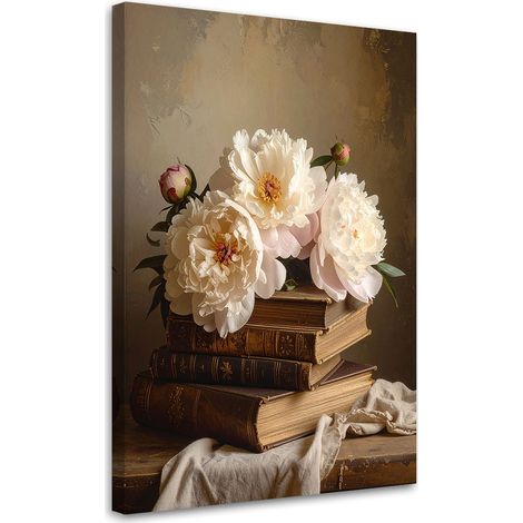 Cuadro en Lienzo, Flores de peonía, libros vintage, 20x30 (1/5)