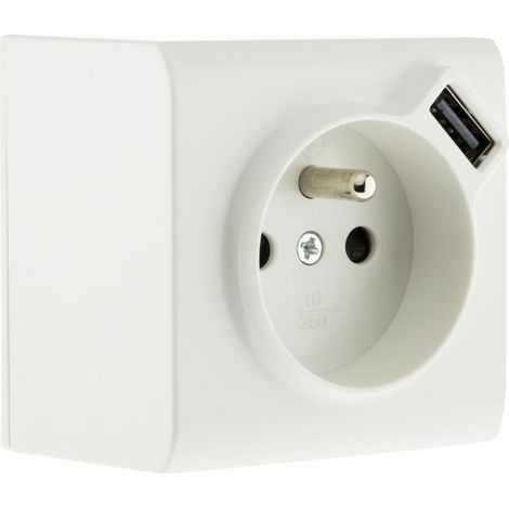 Prise de courant saillie 16A 2P+T avec prise USB – Borne automatique – 3680W sous 230V – Section câble 2x2,5mm² – Blanc (1/4)