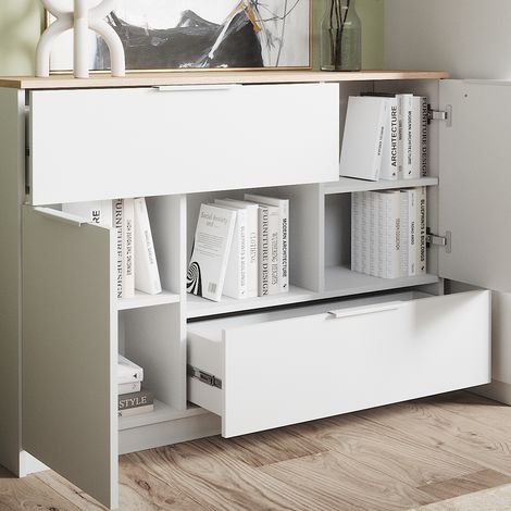 Aparador Betti, Blanco/Sonoma, 120 x 83.6 cm 2x puerta, 2x cajón y 1x compartimento abierto, Vicco (1/5)