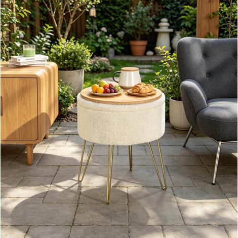 Pouf de rangement rond 39 x 44 cm en Teddy Fleece beige avec plateau, 13,5 L HAVRYA (1/5)