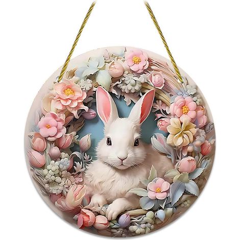 Lapin de Pâques décoration 2D plat acrylique Welcome panneau rustique motif fantaisie lapin suspendu décoration pour porte d'entrée mur décoration (1/5)