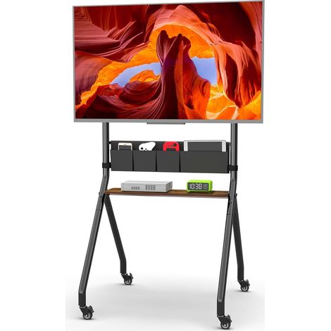 Support mural roulant pour TV avec sacs de rangement, design anti-collision esthétique, chariot TV mobile pour écrans LCD/LED/OLED plats/courbés de 32 à 75 pouces, supporte jusqu'à 45 kg, hauteur (1/5)
