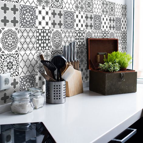 Sticker Mural Carrelage adhésif Cuisine Salle de Bain - 9 STICKERS CARREAUX DE CIMENT AZULEJOS LOREANA - 9stickers15x15cm (1/5)