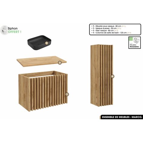 Ensemble complet de salle de bain - Meuble - Colonne - Vasque à poser avec Siphon OFFERT MARCO Oak 80 x 56 x 45 cm (1/5)