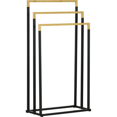 Porte-serviettes en bambou et acier sur pieds avec 3 barres support pour serviette 45 x 22,5 x 86 cm noir et naturel (1/5)