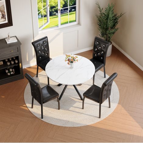 Set da pranzo con tavolo rotondo effetto marmo bianco e 4 sedie nere, MDF, metallo, PVC (1/5)