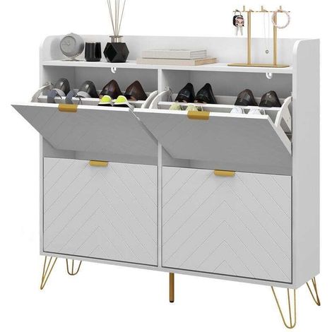 Schmaler Schuhschrank mit 4 Klappschubladen, verstellbarem Einlegeboden, 102 x 106 x 24 cm, weiß (1/5)