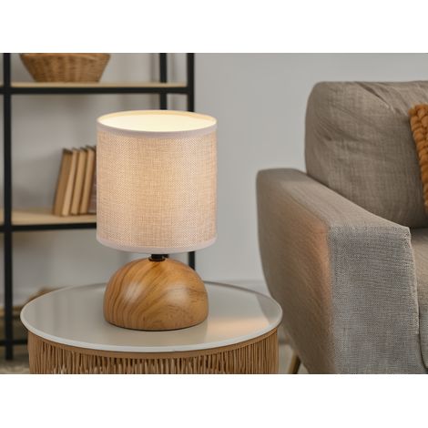 Kleine Tischleuchte LUCI mit Keramikfuß Holzoptik & Stoffschirm, Höhe 23cm (1/5)