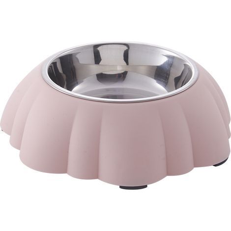 Comedero de acero inoxidable con forma de calabaza para perros y gatos, con diseño antiderrame para comida y agua, tamaño pequeño 21,5 x 6,5 cm (rosa). (1/4)