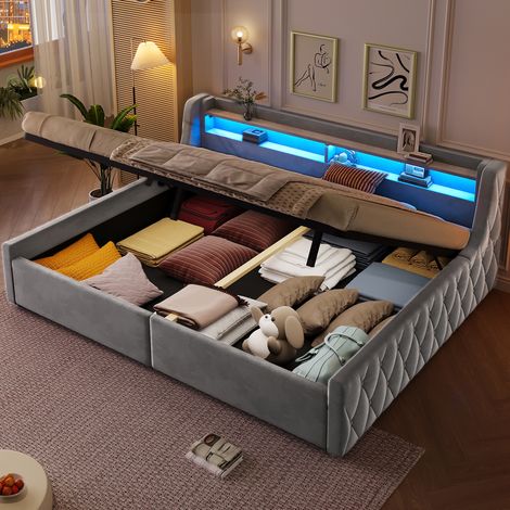 Lit coffre 140x200 cm en velours gris, LED, gain de place pour chambre FloraGrace (1/5)