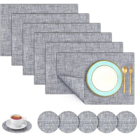 Juego de 6 manteles individuales de PVC con forma de vaso, de 45 x 30 cm, lavables y resistentes al calor, en color negro y gris, para uso diario. (1/5)