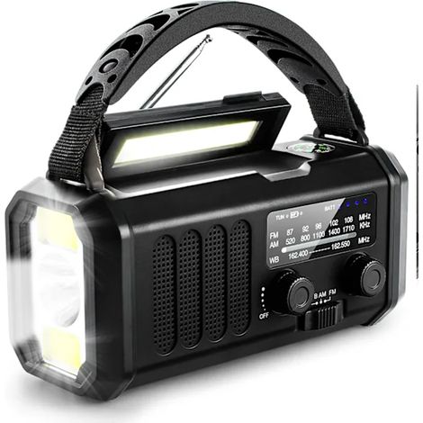 Überlebensradio mit 10000-mAh-Akku, Taschenlampe, Solar- und Kurbelbetrieb, AM/FM-Empfang und Wetterdatenempfang, SOS-Alarm, USB-C-Anschluss, schwarz