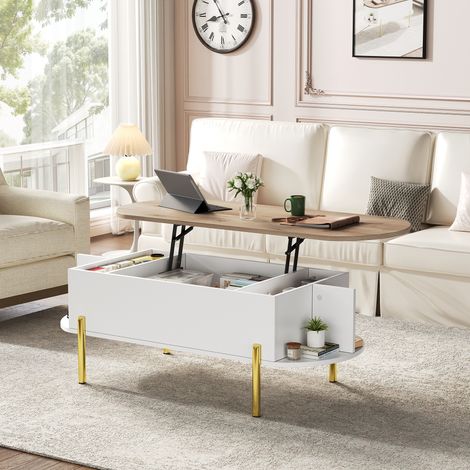 Tavolino da salotto alzabile 120x50x43 cm con vano nascosto, bianco effetto legno HAVRYA (1/5)