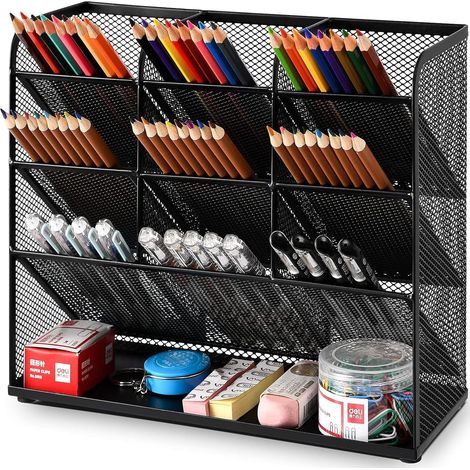 Organizer Escritorio - Soporte para Bolígrafos y Material de Oficina - Estante de Alambre Metálico Negro - 26,9 x 9,9 x 20,8 cm - 1 Unidad (1/5)