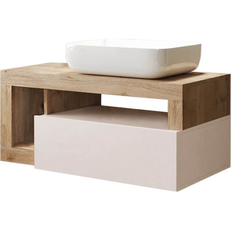 ARTURO - Meuble Vasque 92cm suspendu 1 tiroirs beige laqué et aspect bois finition Cadiz (1/5)