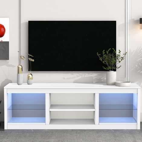 Parrot Uncle TV Stand for 75 Inch TV, Modern White Media Console with RGB LED Lights and Glass Display Shelves, Storage Cabinet Entertainment Centre for Living Room