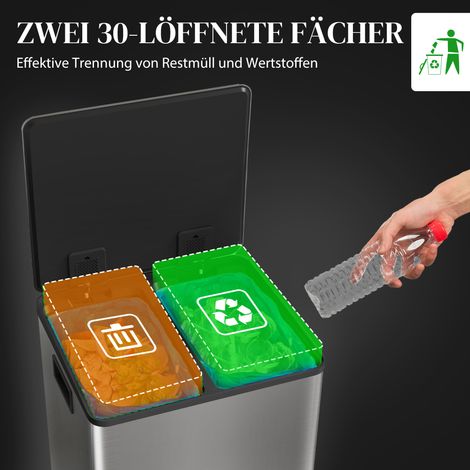 Poubelle 2 compartiments 2x30L, couvercle à fermeture amortie, anti-traces de doigts, acier inoxydable argenté (1/5)