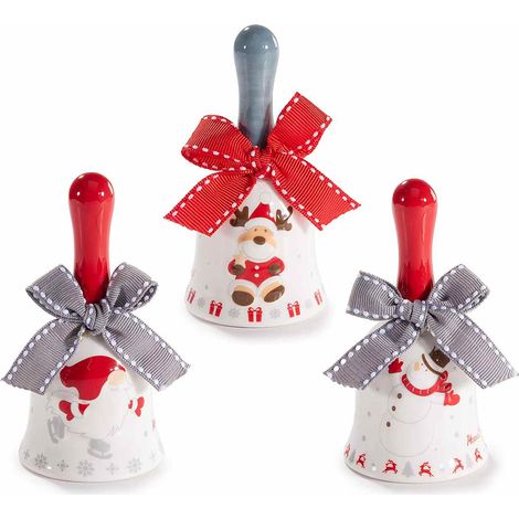 Campanelle di Natale in ceramica con fiocco con fiocco con decorazione pupazzo di neve, gnomo e renna, set da 6 pezzi, Ø 5 cm x 10 H