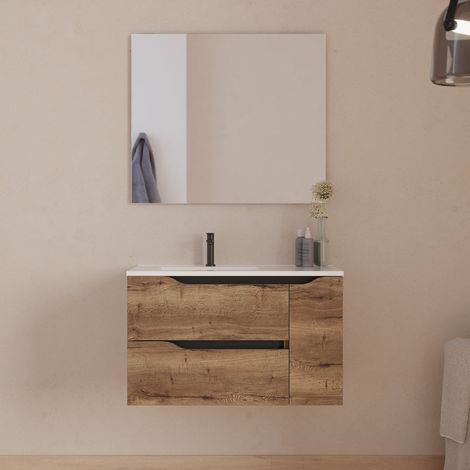 Meuble de salle de bain 80cm avec vasque déportée à gauche et miroir - 2 tiroirs et un placard - tabaco (bois foncé) - ZARZA (1/5)