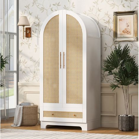 Armario de 70x55x170 cm, 2 puertas con 2 cajones y nicho de almacenamiento, puertas con aspecto de ratán, madera - blanco (1/5)
