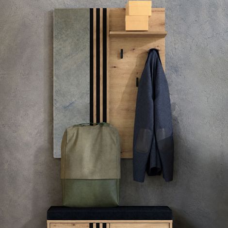Garderobenmöbel Nuku, mit Spiegel, ein Regal, Kleiderhaken, 102x76x21h cm Eichenoptik Braun (1/5)