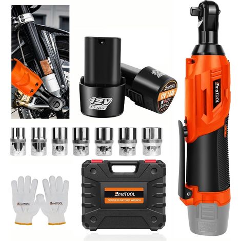 12V 3/8" Kit de Clé à Cliquet électrique Sans Fil, avec 2 Packs de Batterie Lithium-ion 1500 mAh et Chargeur rapide, 7 douilles, 300RPM, LED intégrée，Réparation de meubles pour changer les pneus