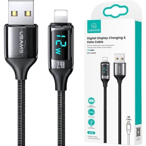 Câble tressé Usams U78 Lightning 1,2 m LED 2,4 A Charge rapide noir/noir SJ543USB01 (US-SJ543) (1/5)