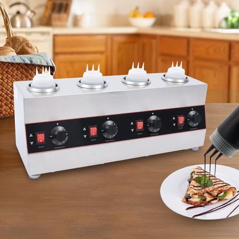 Chauffe-sauce électrique commercial avec 4 bouteilles de sauce, acier inoxydable, chauffe-sauces, plaques chauffantes à luiser, température réglable (30-85 °C), chauffage par immersion d'eau (1/5)
