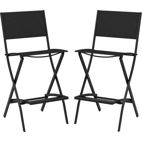 Lot de 2 tabourets de bar pliables noirs en métal et tissu avec dossier et repose-pieds pour cuisine, terrasse et jardin (1/5)