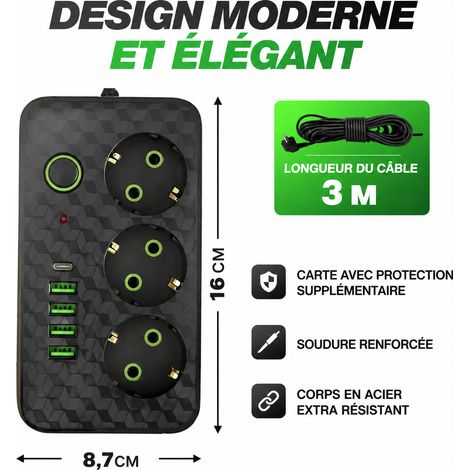 Multiprise standard européen 8 prises HG-2503 avec câble 3 m, 4 USB et 1 Type-C noir hg-2503 3 8 4 500 g – Livraison gratuite