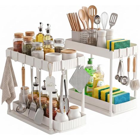 Lot de 2 paniers de rangement extensibles multifonctionnels,Organisateur sous Évier, 2 Niveaux avec Tiroirs, Rangement Coulissant pour Cuisine, Salle de Bains, Buanderie - Économiseur d'Espace,Blanc (1/5)