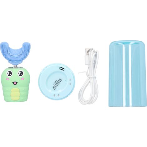 Enfants Brosse à dents électrique en silicone forme U, avec voix intelligente, soins bucco-dentaires, couleur verte (1/5)