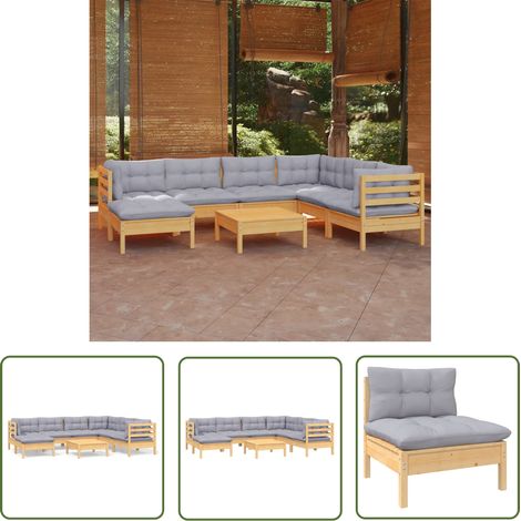 INLIFE Salon de jardin 8 pcs avec coussins gris Bois de pin (1/5)