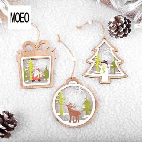 6PC ornement de noël pendentifs suspendus en bois étoile de noël arbre cloche décorations de noël (1/4)