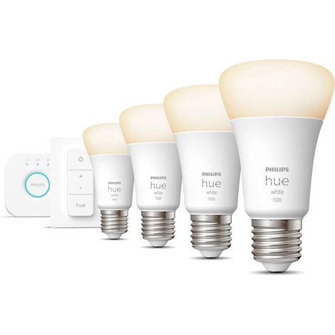 Philips Hue Kit de démarrage E27 avec 4 Ampoules Standard Lumière blanche chaude - Comprend 1 Bridge, 1 Variateur de lumière - White (1/5)
