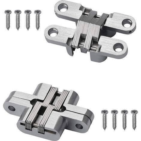 Lot de 2 charnières invisibles en croix pour armoire, placard ou boîte en bois, charnière pliante invisible à 180°, argent, alliage de zinc et acier (1/5)