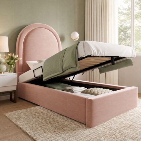 DESMIU Lit enfant 1 place avec coffre, tête de lit rembourrée, 90 × 200 cm, sans matelas, en velours, rose (1/5)