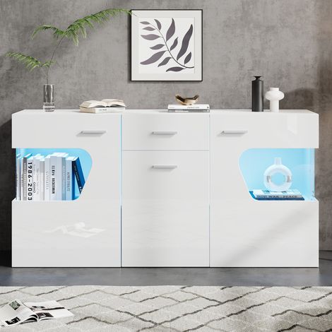 Sideboard weiss hochglanz 140 x 33 x 70 cm wohnzimmerschrank mit 3 tueren led-beleuchtung steuerung per app kommode mdf (1/5)